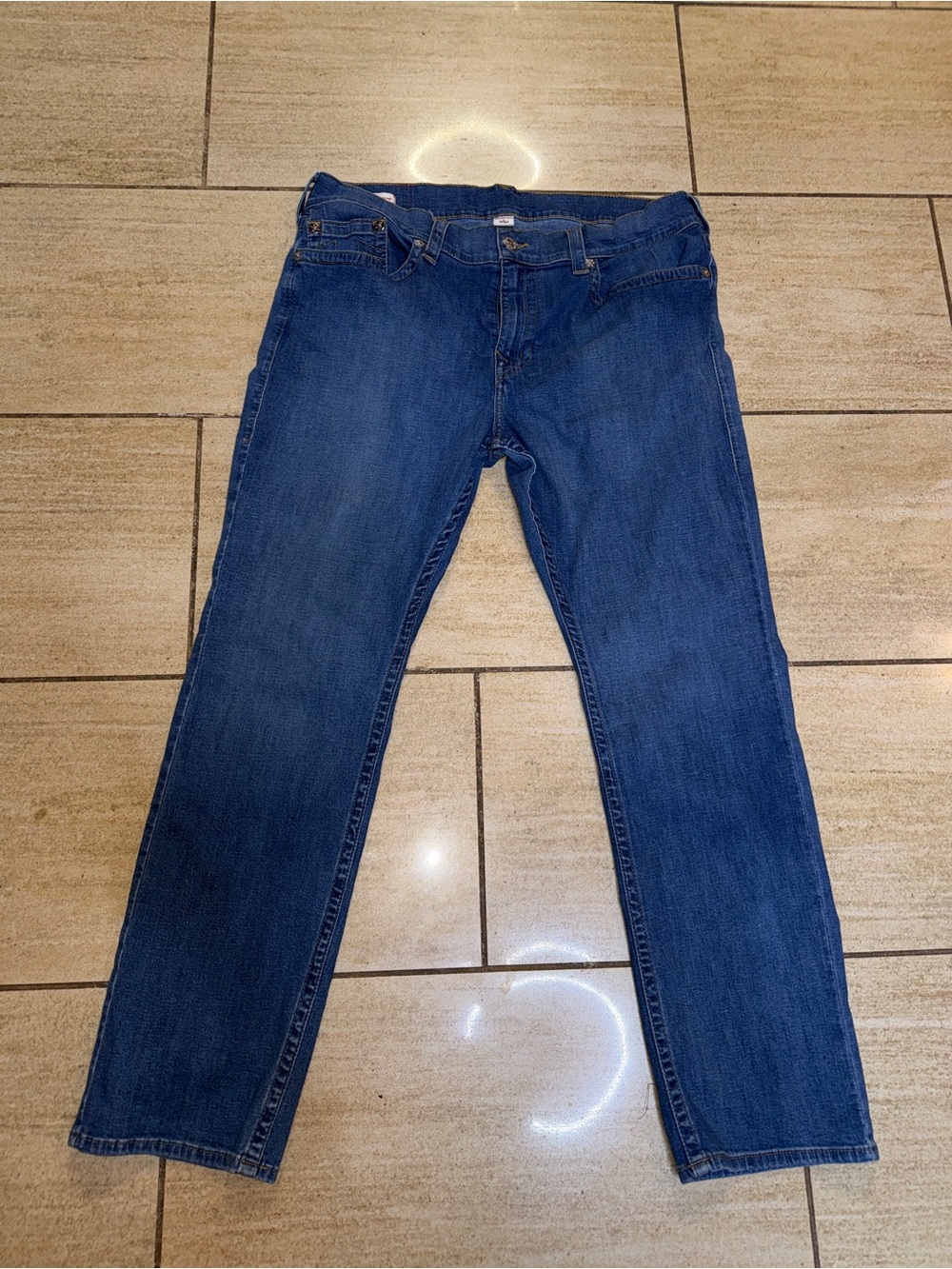 True Religion  Ricky Mens Blue Jeans Big T Stitch Straight Leg No Flap 38x32